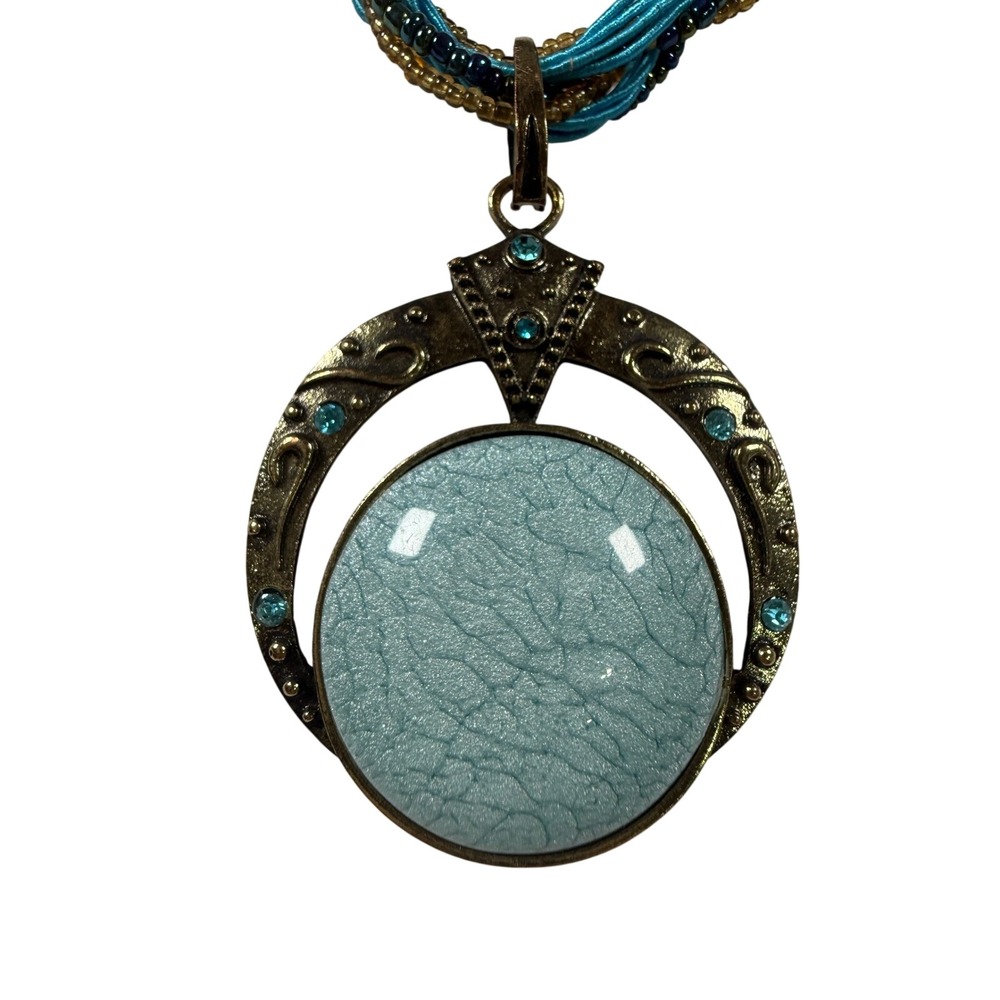 Artisan Blue Crackle Pendant Necklace Antiqued Bronze Multi Strand Braided Cord